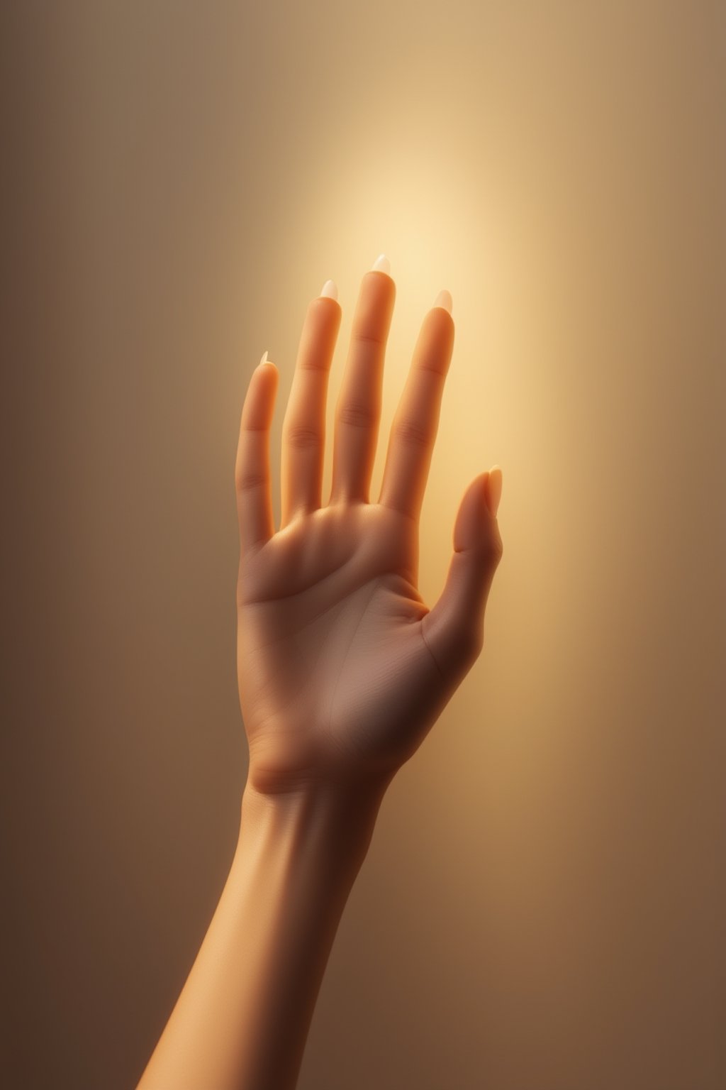 FuturEvoLabBeautify, A beautiful hand reaching upwards toward a soft, warm light source. The fingers are elegantly stretched, with light softly illuminating the skin, creating gentle shadows. The background is softly blurred, focusing on the grace and intent of the reaching hand.
