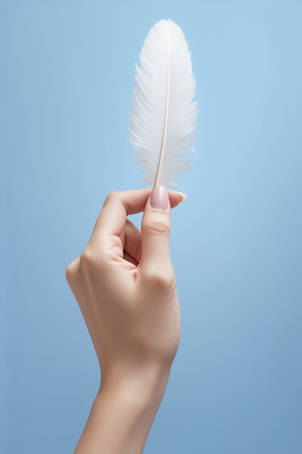 FuturEvoLabBeautify, A delicate female hand holding a white feather between the thumb and index finger. The hand has long, graceful fingers with manicured nails. The background is a soft gradient of blue, highlighting the gentle touch and lightness of the feather.