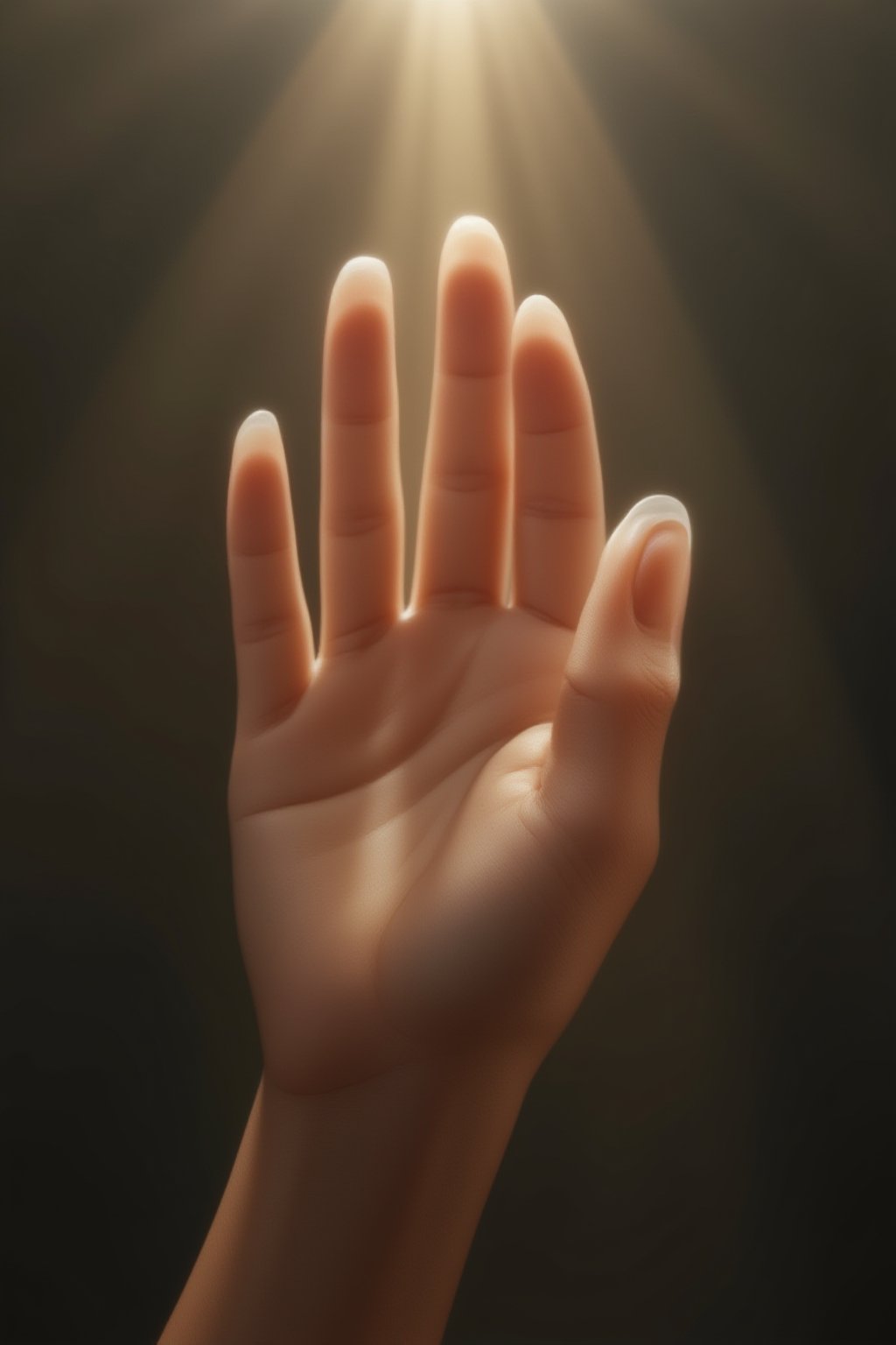 FuturEvoLabBeautify, A beautiful hand reaching upwards toward a soft, warm light source. The fingers are elegantly stretched, with light softly illuminating the skin, creating gentle shadows. The background is softly blurred, focusing on the grace and intent of the reaching hand.
