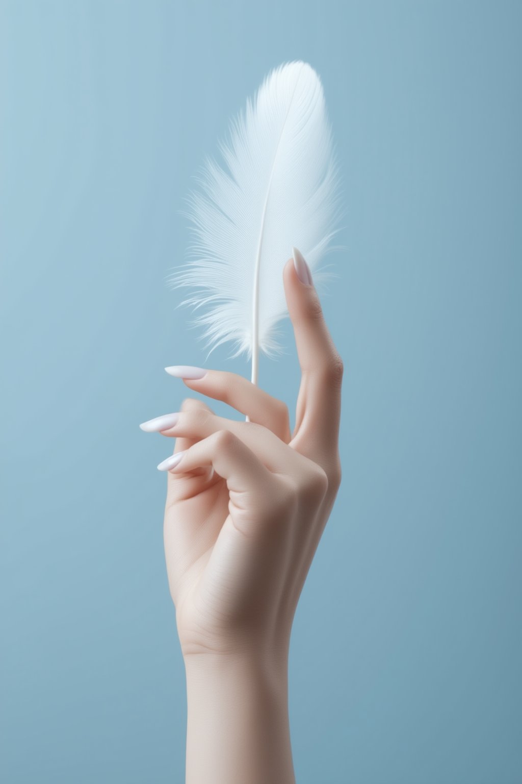 FuturEvoLabBeautify, A delicate female hand holding a white feather between the thumb and index finger. The hand has long, graceful fingers with manicured nails. The background is a soft gradient of blue, highlighting the gentle touch and lightness of the feather.