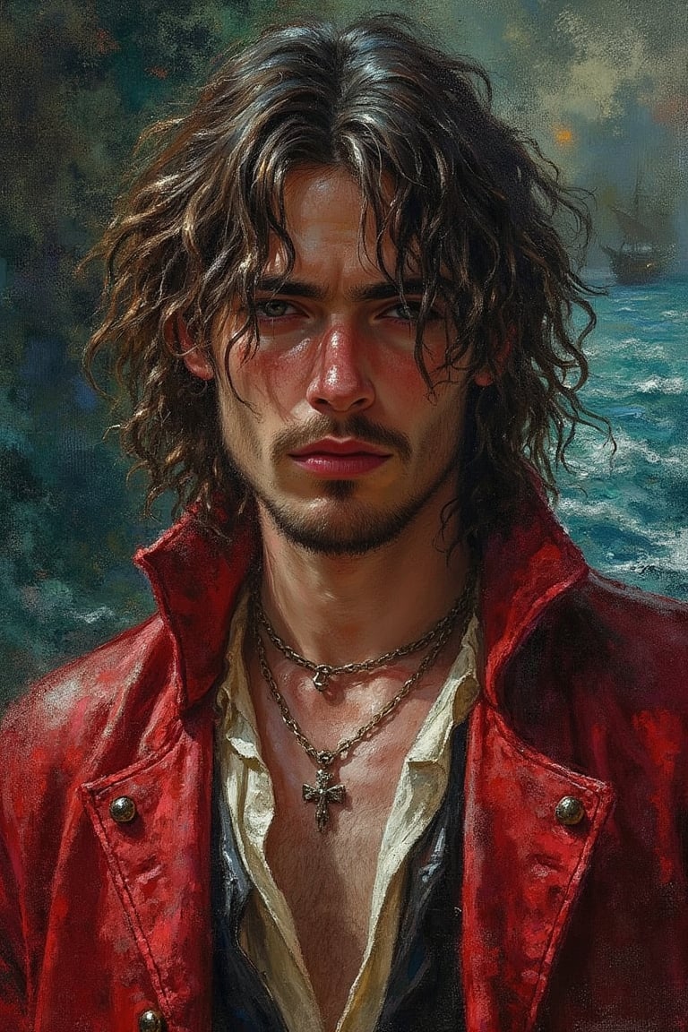 a young handsome evil sleazy hairy pirate, outdoors (dark age, ocean, ship setting), english pirate, sea captain, dark shabby red style coat, Captain hook, gypsy, spanish, conquistador, shirt open, revealing, chest hair, royalty, dirty, evil, victorean era, ethereal, manly, hairy, chest hair, youthful, stubble, 18 years old, envious, shiny, villain, pale skin, defined jawline, crooked nose, hot, captain, lustful, masculine, mythology, medieval, fantasy, young, alpha male, handsome male, high fantasy, art by wlop, facing in front ,portrait close-up, renaissance painting, masterpiece, max bogoss

8k, cinematic lighting, very dramatic, very artistic, soft aesthetic, innocent, art by john singer sargent, greg rutkowski, oil painting, Camera settings to capture such a vibrant and detailed image would likely include: Canon EOS 5D Mark IV, Lens: 85mm f/1.8, f/4.0, ISO 100, 1/500 sec,pir4t4,cinematic style