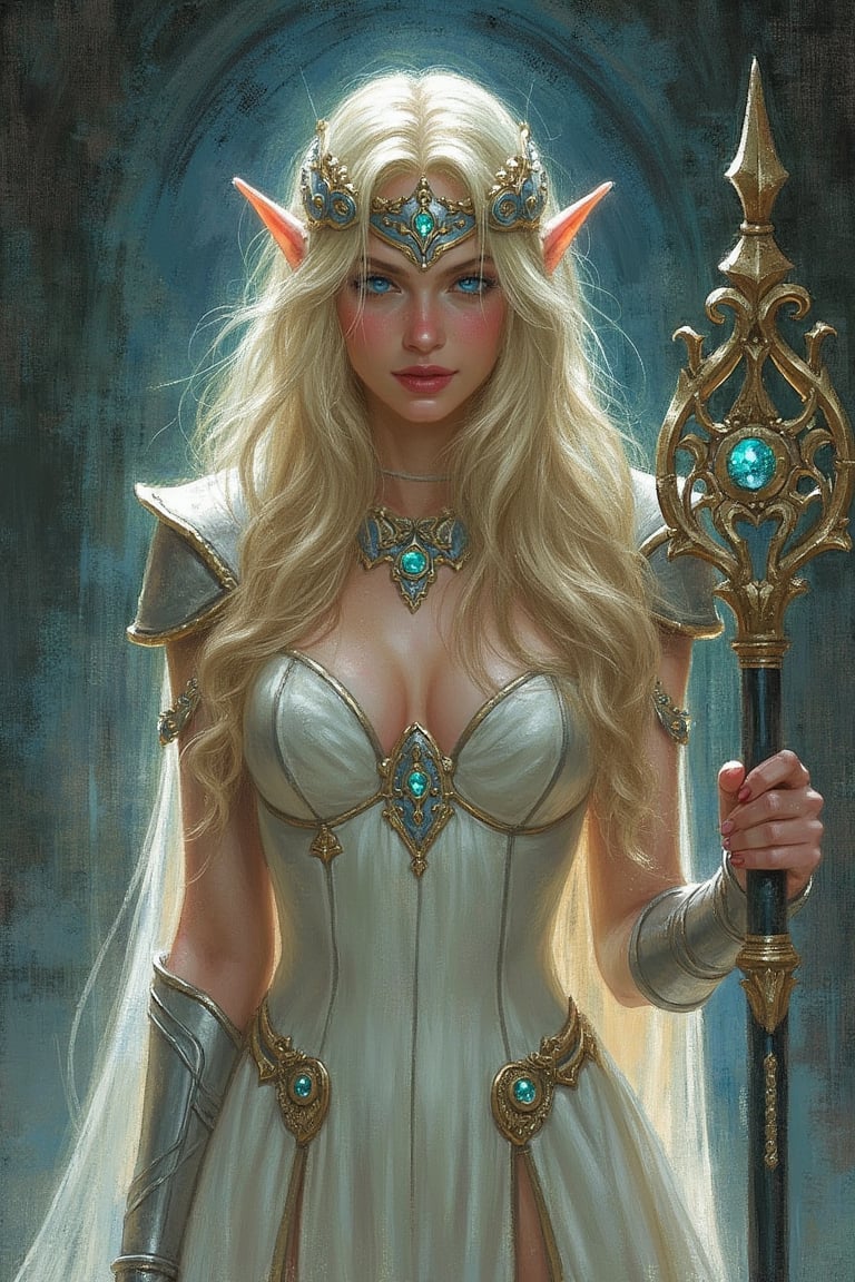 Mysterious Elf Maiden - A sultry pinup-inspired artwork depicts a striking blonde-elf woman solo, indoors, with long hair cascading down her back, framing her enigmatic smile and piercing blue eyes that lock onto the viewer's gaze. She stands confidently in front of a dark, ornate backdrop, adorned in a flowing white dress with armor-like details, a hooded cape billowing behind her like mist. Her pointy ears and delicate earrings showcase her elven heritage. In one hand, she holds a staff, its intricate design glistening like the watermark on her circlet, adding mystique to this enchanting scene.