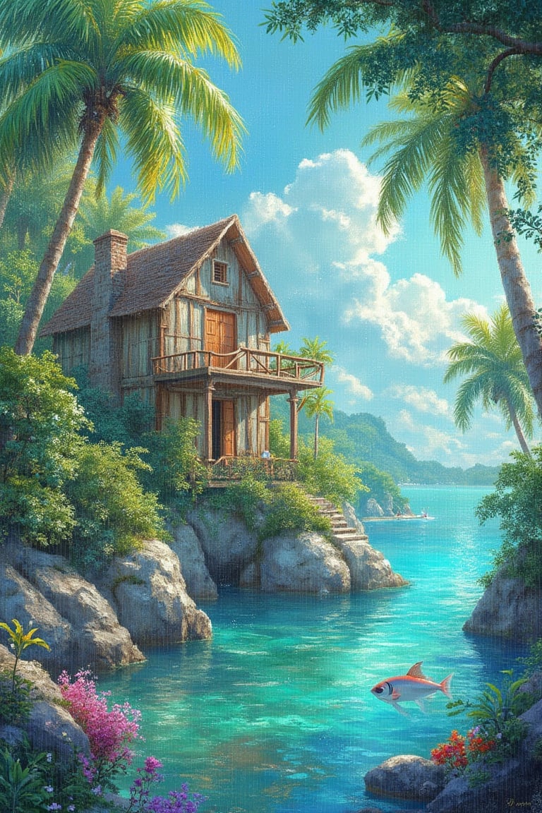 MAGICAL cute STORYBOOK tropical bay , shabby STYLE lovely house on the tropical bay ON THE book PAGE, summer, tropical fish in the water. Modifiers: highly detailed dof trending on cgsociety steampunk fantastic view ultra detailed 4K 3D whimsical Storybook beautifully lit etheral highly intricate stunning color depth disorderly outstanding cute illustration cuteaesthetic Boris Vallejo style shadow play The mood is Mysterious and Spellbinding, with a sense of otherworldliness otherwordliness macro photography style LEONARDO DIFFUSION XL STYLE vintage-boho