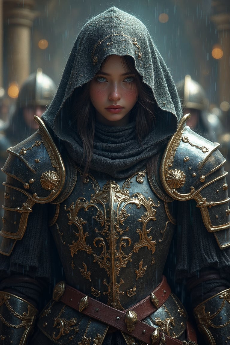 epic composition, cinematic lighting, masterpiece, a medieval girl knight, preparing for a fight, wearing hooded dark robes, and a intrincate black armor with elaborated golden ornaments, dynamic action pose, frontal shot, medieval war background, full body portrait, dim volumetric lighting, 8k octane beautifully detailed render, extremely hyper-detailed, intricate, stunning Detailed matte painting, deep color, fantastical, intricate detail, complementary colors, fantasy concept art, 8k resolution trending on Artstation Unreal Engine 5, bioluminescent, holographic, Volumetric light, rays, zdyna_pose,action shot