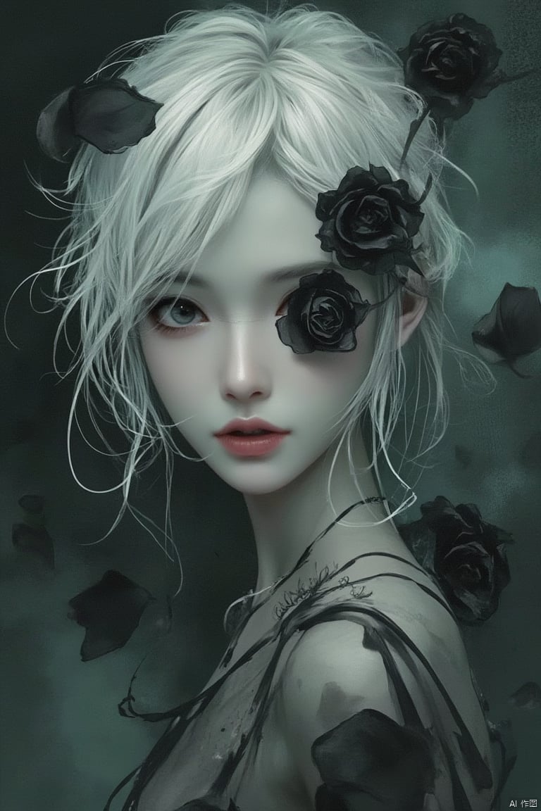 watercolor style,An Acrylic style painting that is expressive, gives it a dynamic and emotional quality. Anime art of a stylized portrait of a woman with a ethereal black and green mist surrounding her body. The mist creates a dramatic and surreal effect. A black flower, that is blooming, covering one eye, attached to the face. The woman has a cold aesthetic, complimented by her white hair. Anime art of woman draped in shadows with a lighting that enhances her unique features. The background is dark green, filled with black rose petals. Holding finger to lips, shush, shushing motion,.,Winslow Homer style