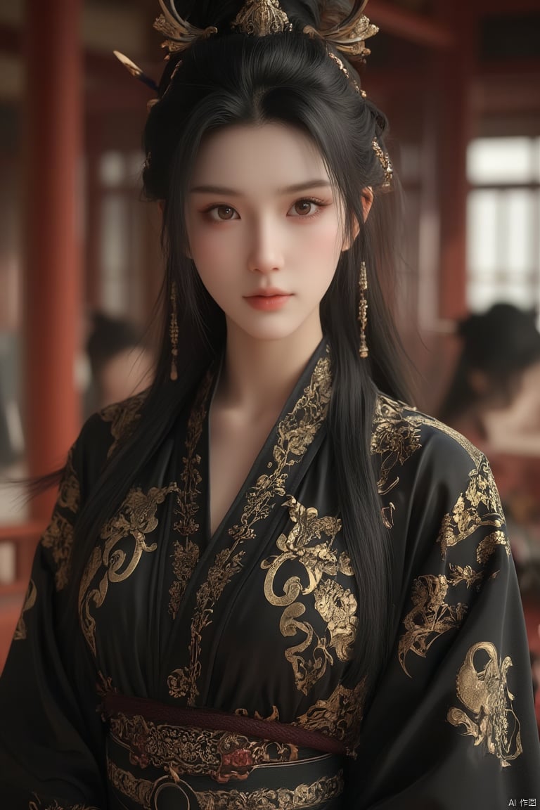 Portrait realistic photography under the sense of atmosphere,in the gorgeous palace,martial arts style,cool Chinese beauty,long hair,gorgeous hair accessories,black gorgeous robes,golden patterns on clothes,whole body,1girl