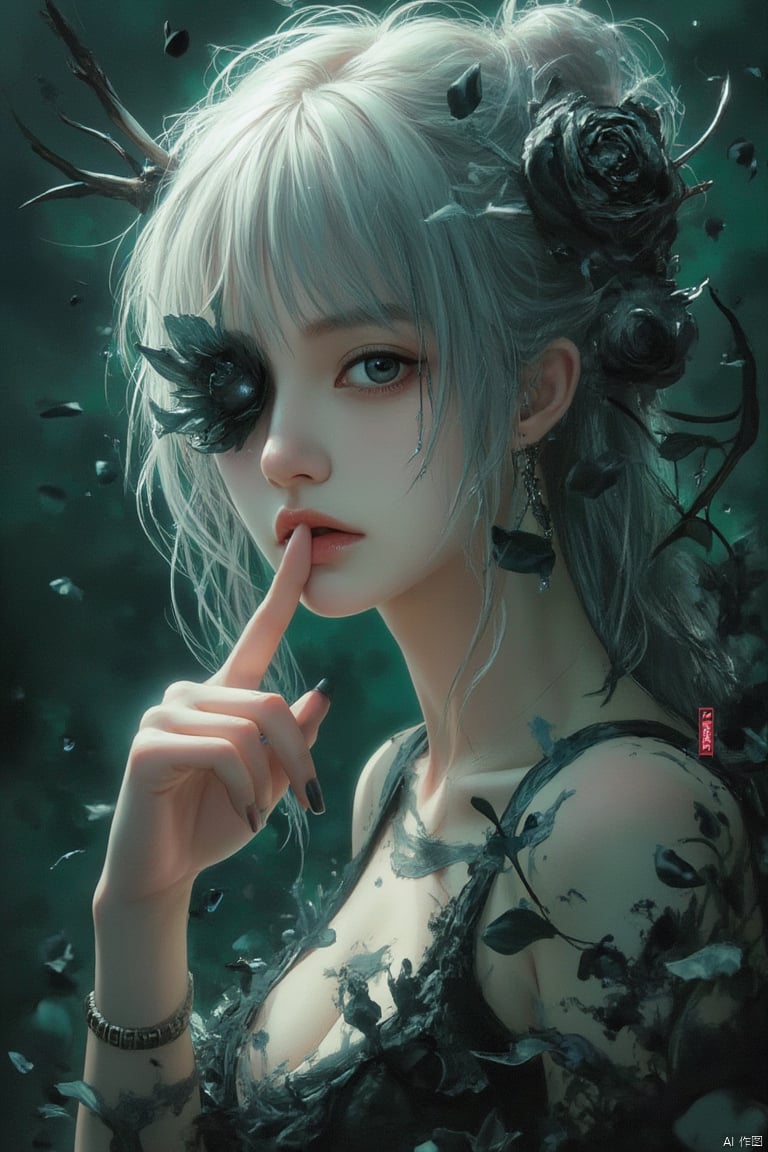 watercolor style,An Acrylic style painting that is expressive, gives it a dynamic and emotional quality. Anime art of a stylized portrait of a woman with a ethereal black and green mist surrounding her body. The mist creates a dramatic and surreal effect. A black flower, that is blooming, covering one eye, attached to the face. The woman has a cold aesthetic, complimented by her white hair. Anime art of woman draped in shadows with a lighting that enhances her unique features. The background is dark green, filled with black rose petals. Holding finger to lips, shush, shushing motion,.,Winslow Homer style