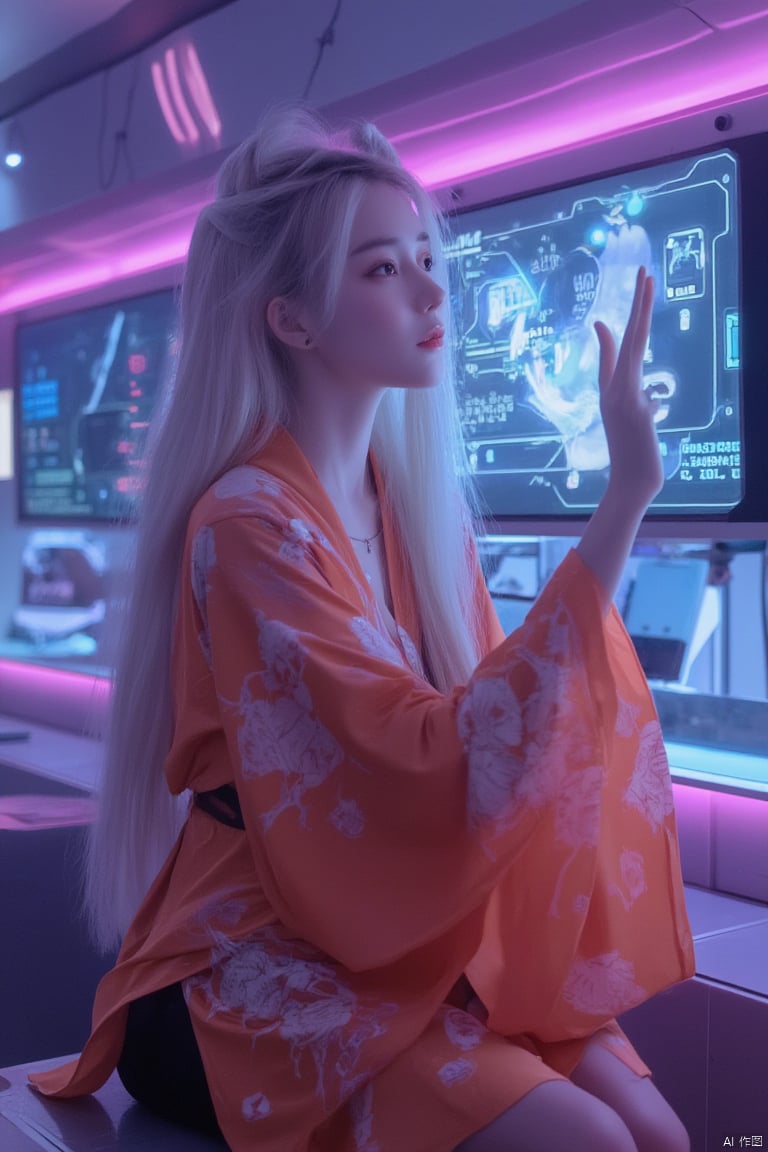 1girl ,Juxtaposition composition , asian, Cosplay, futuristic setting, vibrant colors, a woman with long white hair, wearing a traditional orange kimono with floral patterns, seated in front of a curved monitor displaying a sci-fi interface, right hand extended towards the screen, neon purple lighting, high-tech equipment in the background, dynamic and immersive atmosphere. mist,fog,, Volumetric lighting with subsurface scattering, light softly penetrates mist or fog, while beams of light pass through materials, creating a warm, glowing atmosphere.