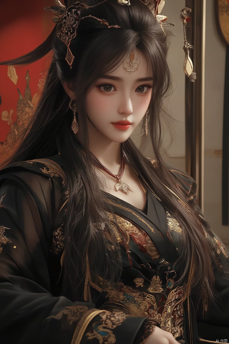 Portrait realistic photography under the sense of atmosphere,in the gorgeous palace,martial arts style,cool Chinese beauty,long hair,gorgeous hair accessories,black gorgeous robes,golden patterns on clothes,whole body,1girl