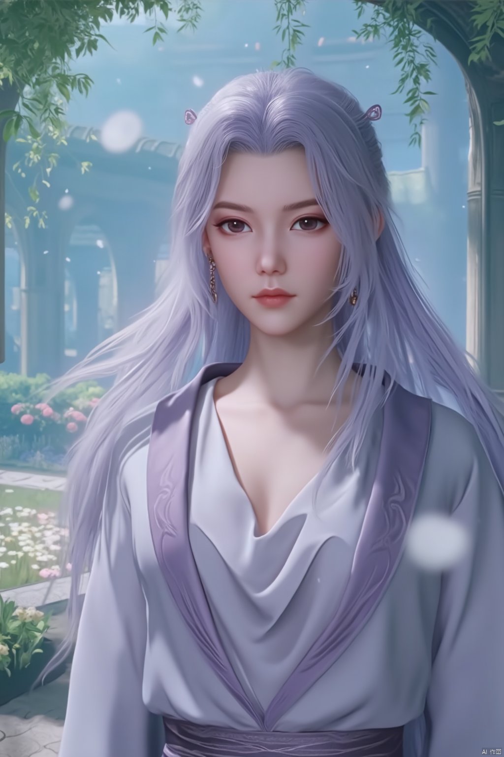  best quality,masterpiece,arien_hanfu,1girl,(falling_snow:1.2),looking_at_viewer,,(big breasts:1.59), ,Xyunxiao,(A garden full of flowers in the background:1.7)