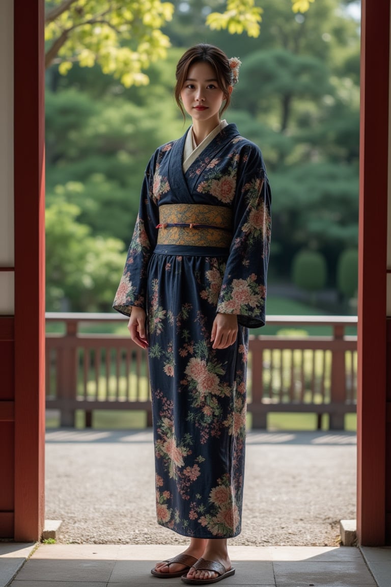 A beautiful Japanese woman, 23yo, full body portrait, kimono, wood slippers, standing at Japan Zen garden, cinematic, amazing composition, highly details,