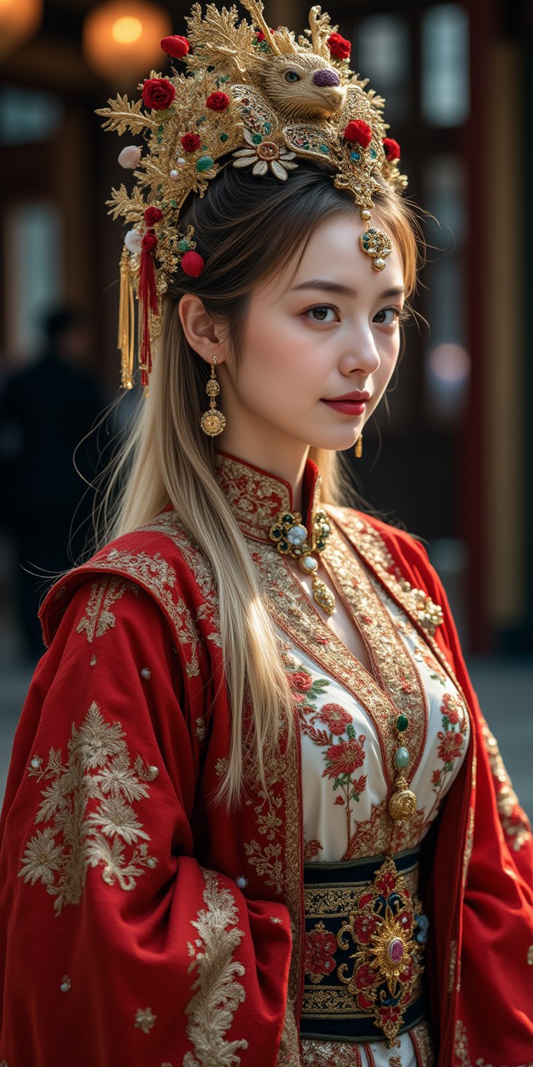 A stunning (Ukrainian woman), wearing an opulent ancient Chinese empress costume,Her Slavic features, -blue eyes and fair skin, contrast beautifully with the ornate Chinese attire, Elaborate headdress adorned with gold filigree, jade beads, and hanging pearls, Intricate phoenix crown with delicate golden leaves and gemstones,Layered silk robes in rich red and gold, embroidered with dragons and auspicious symbols, Wide, flowing sleeves with detailed embroidery, Ornate collar piece studded with precious stones,Long blonde hair partially visible beneath the headdress,Beautiful woman,Photorealistic,Fantasy detailers 