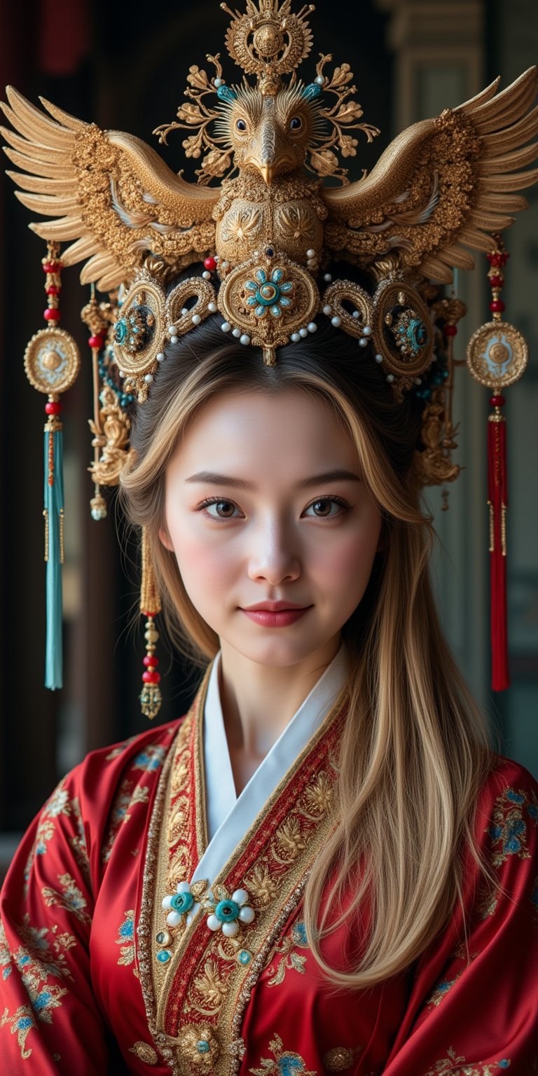 A stunning (Ukrainian woman), wearing an opulent ancient Chinese empress costume,Her Slavic features, -blue eyes and fair skin, contrast beautifully with the ornate Chinese attire, Elaborate headdress adorned with gold filigree, jade beads, and hanging pearls, Intricate phoenix crown with delicate golden leaves and gemstones,Layered silk robes in rich red and gold, embroidered with dragons and auspicious symbols, Wide, flowing sleeves with detailed embroidery, Ornate collar piece studded with precious stones,Long blonde hair partially visible beneath the headdress,Beautiful woman,Photorealistic,Fantasy detailers 