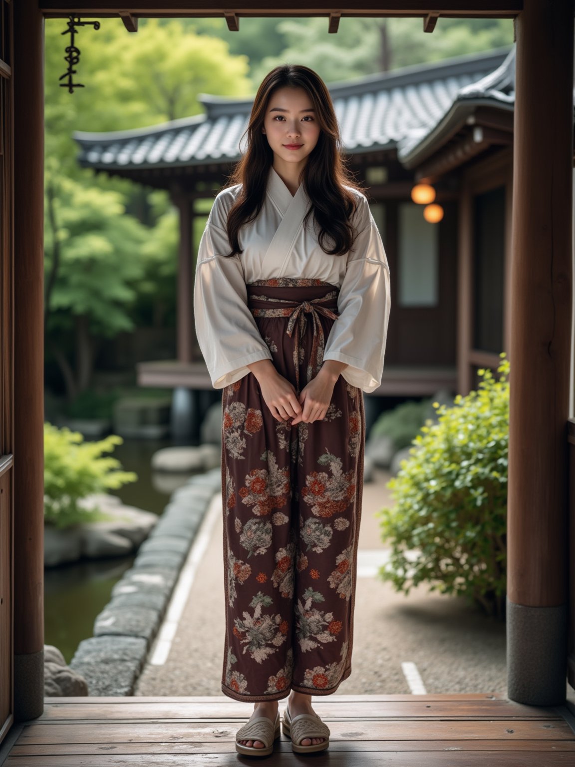 A beautiful Japanese woman, 23yo, full body portrait, kimono, wood slippers, standing at Japan Zen garden, cinematic, amazing composition, highly details,