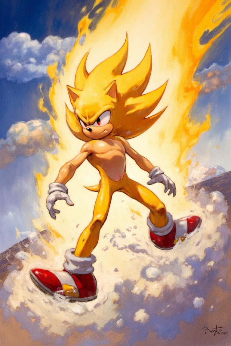 Super Sonic, SSONIC, a majestic furry male with vibrant yellow fur and piercing red eyes, stands proudly in mid-air, his spikes glistening under the warm sunlight that highlights the wispy clouds behind him. his dynamic pose captures the essence of speed and agility. He has white gloves. fantasy oil painting in the style of fr4z3tt4