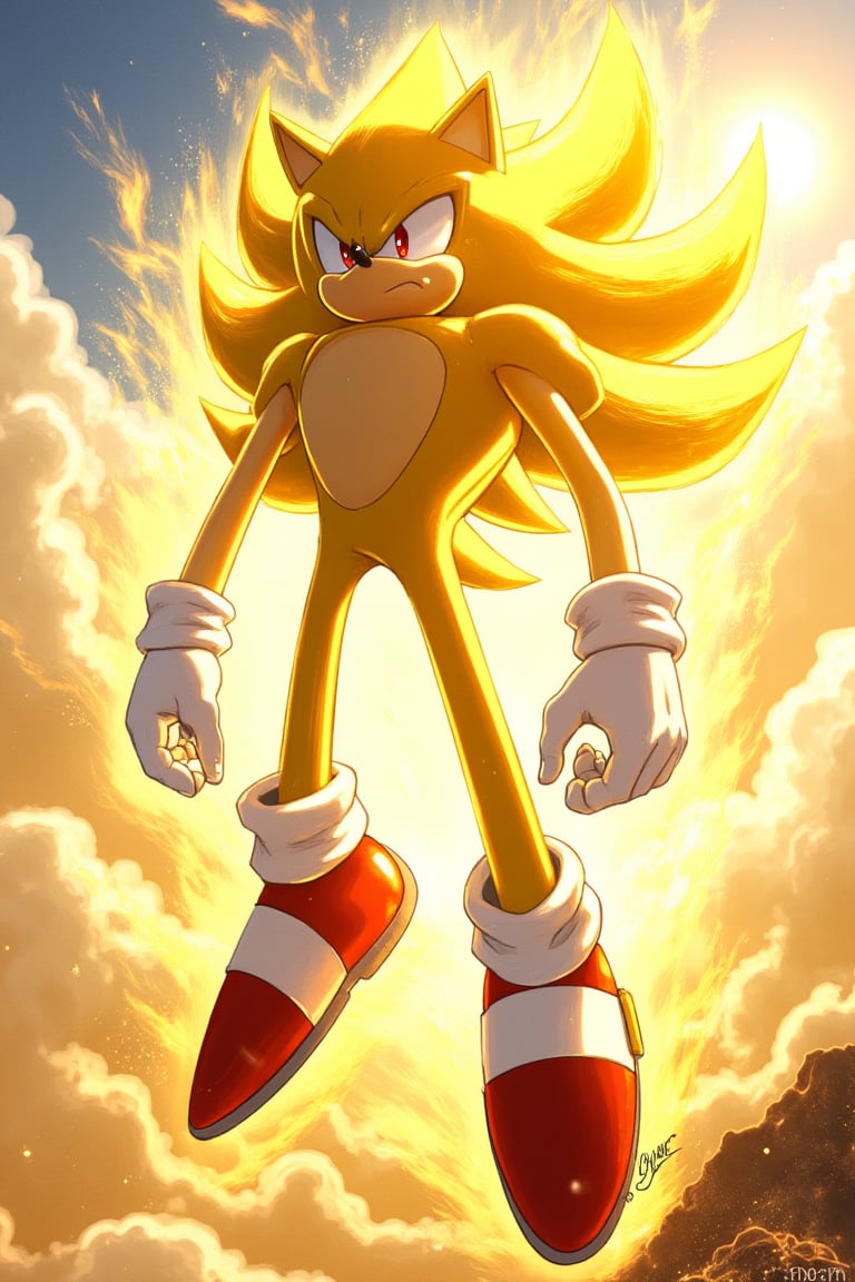 Super Sonic, SSONIC, a majestic furry male with vibrant yellow fur and piercing red eyes, stands proudly in mid-air, his spikes glistening under the warm sunlight that highlights the wispy clouds behind him. his dynamic pose captures the essence of speed and agility.