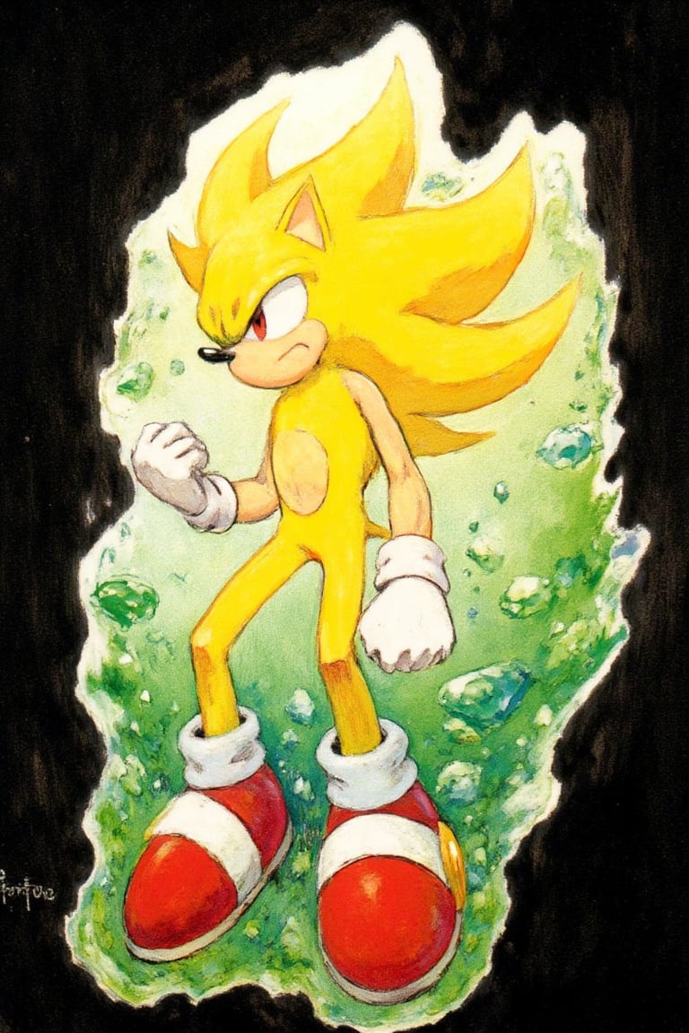 SSONIC, furry male, yellow fur, red eyes, white gloves, chaos emerald, FANTASY OIL PAINTING IN THE STYLE OF FR4Z3TT4