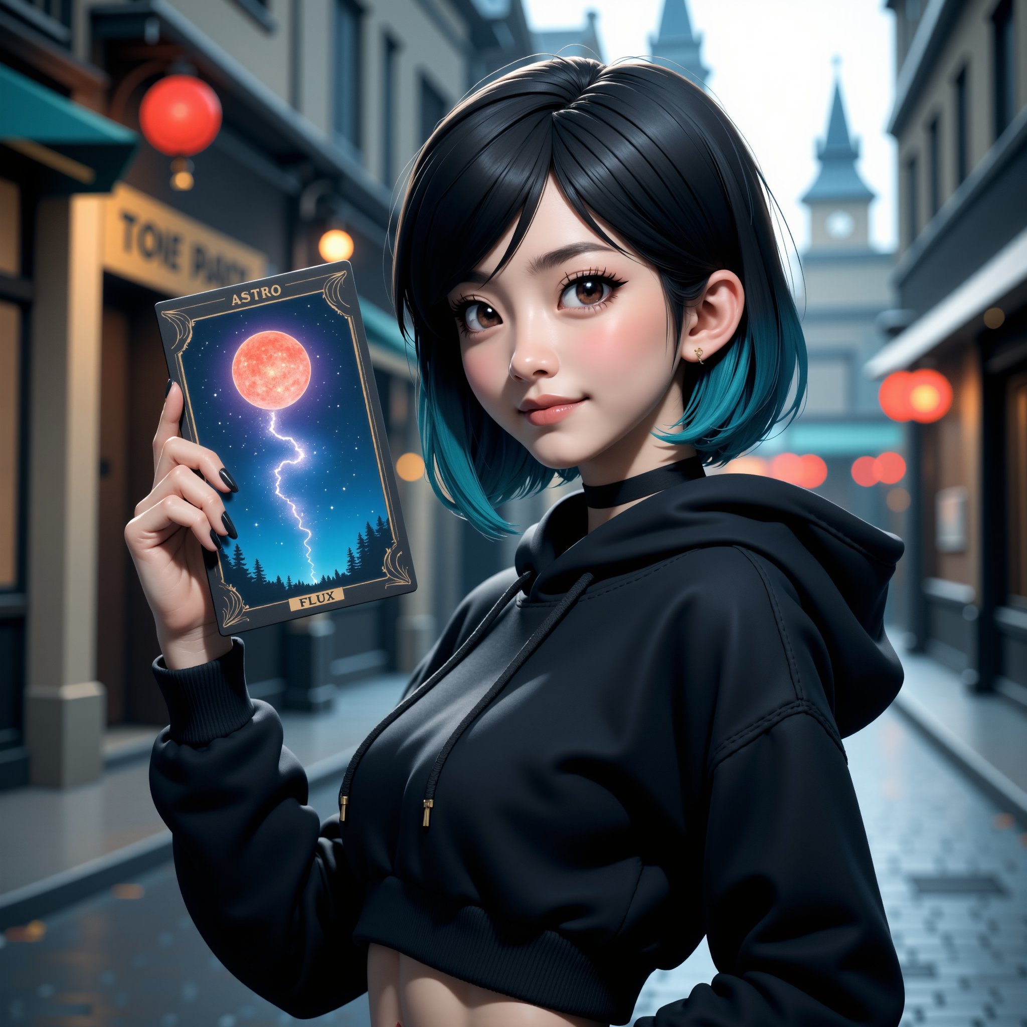 a adult western asian woman with a happy mood, holding a big tarot card with the word "astro" tiny on the top at the card and the word "FLUX" at the bottom center of the card, the card have an ilustration of a galaxy, on it, aqua hair color and ocean eyes color, she have medium short hair, side bangs, she is wearing a black crop top hoodie, black eyeliner, blue and black palette color outfit, black symetrical choker, black nails polish, realistic and coherent hair proportions, detailed choker, detailed face, standing in front a european ancient dark gothic church, city, urban, alley, bokeh, depth of field, astroflux_v101, 3d, cg, rendered,