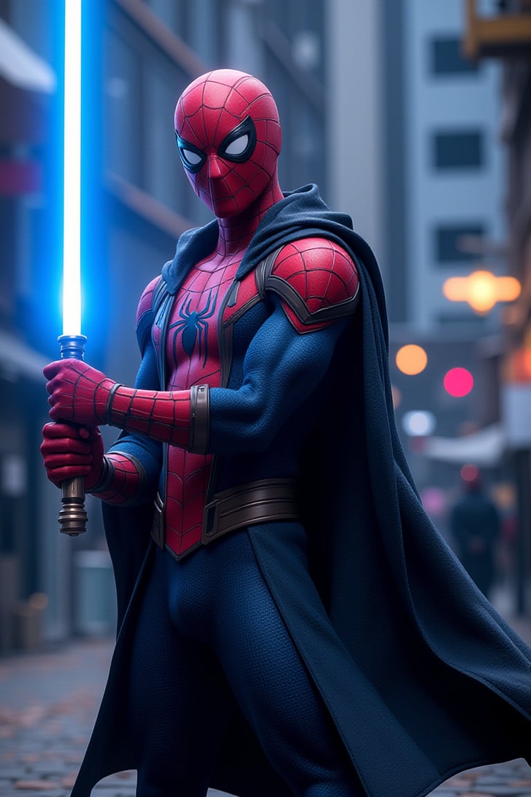 spiderman standing in a fighting pose holding with both hands a blue light saber and wearing a jedi cape, astroflux_v101