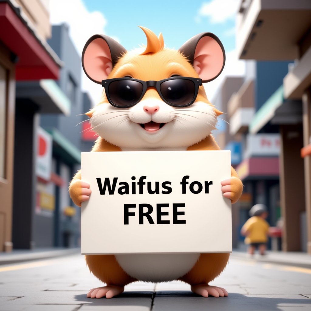 a cute hamster weaing black cool sunglasses holding a big sheet of white paper in front of him (have the text writed "Waifus for FREE"), rodent, vibrant colors, animal, standing in front a big building, city, urban, alley, bokeh, depth of field, astroflux_v101, 3d, game cg, rendered,