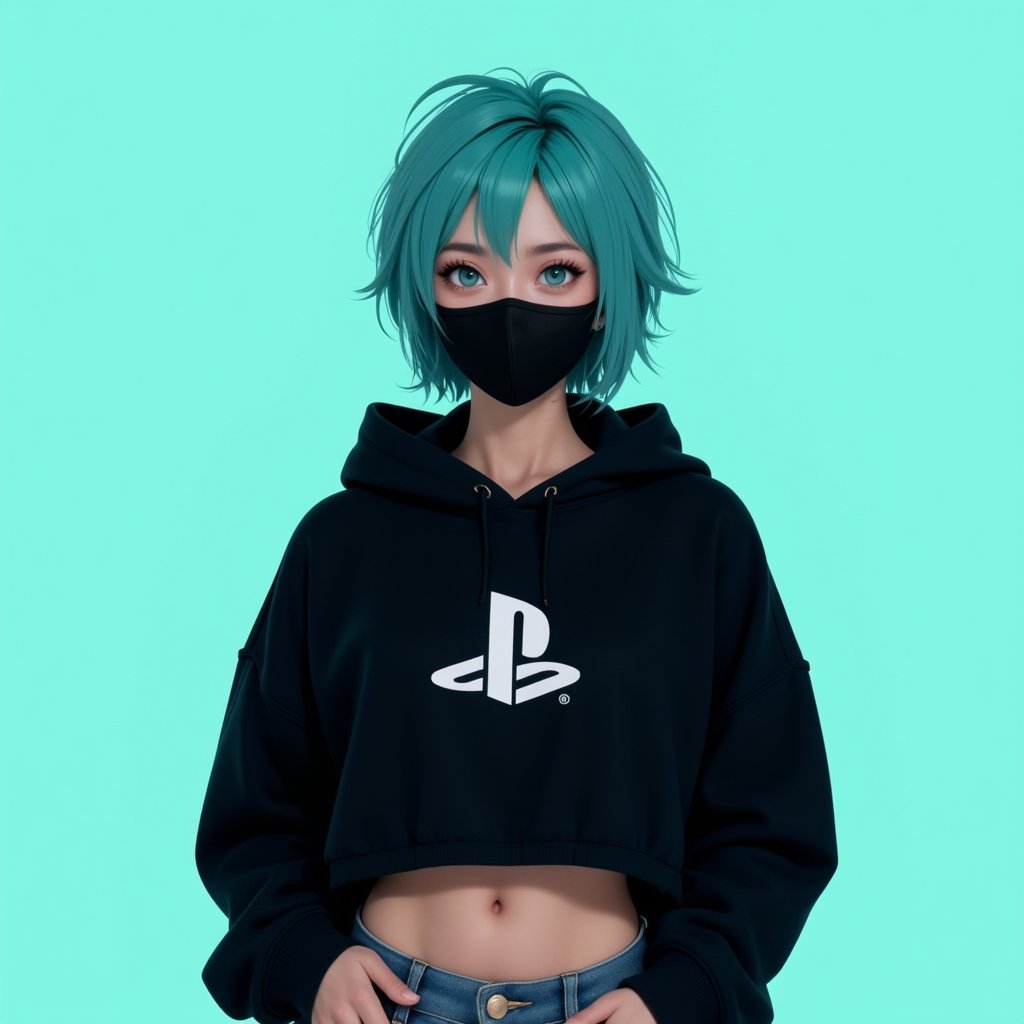 upper body, standing, photo, woman, black mouth mask, asian woman, aqua hair color, ocean eyes, looking at viewer, short messy hairstyle, tight black crop top hoodie, ("playstation logo" on hoodie), midriff, jeans, mint color background, simple background, astroflux_v101