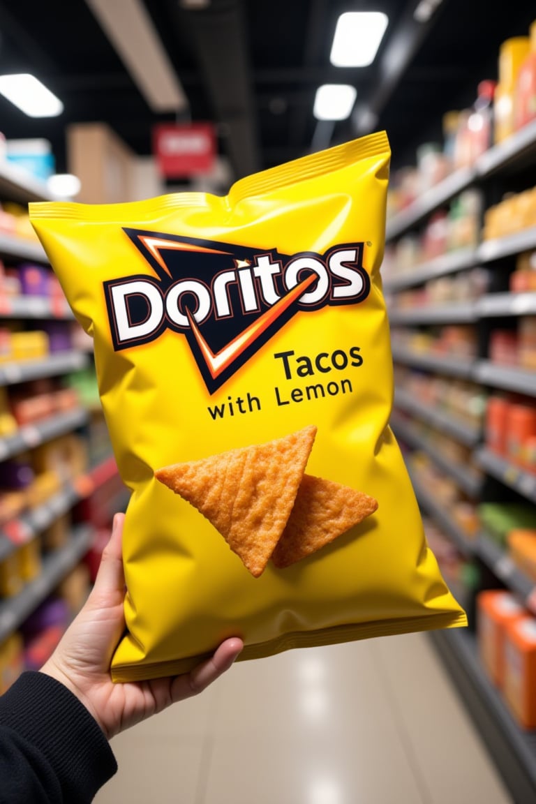 a hand holding a big bag of Doritos Chips Taco with Lemon flavor, ("Tacos with Lemon" text writed on the bag), in a supermarket, supermarket products, analog photo, photo, astroflux_v101