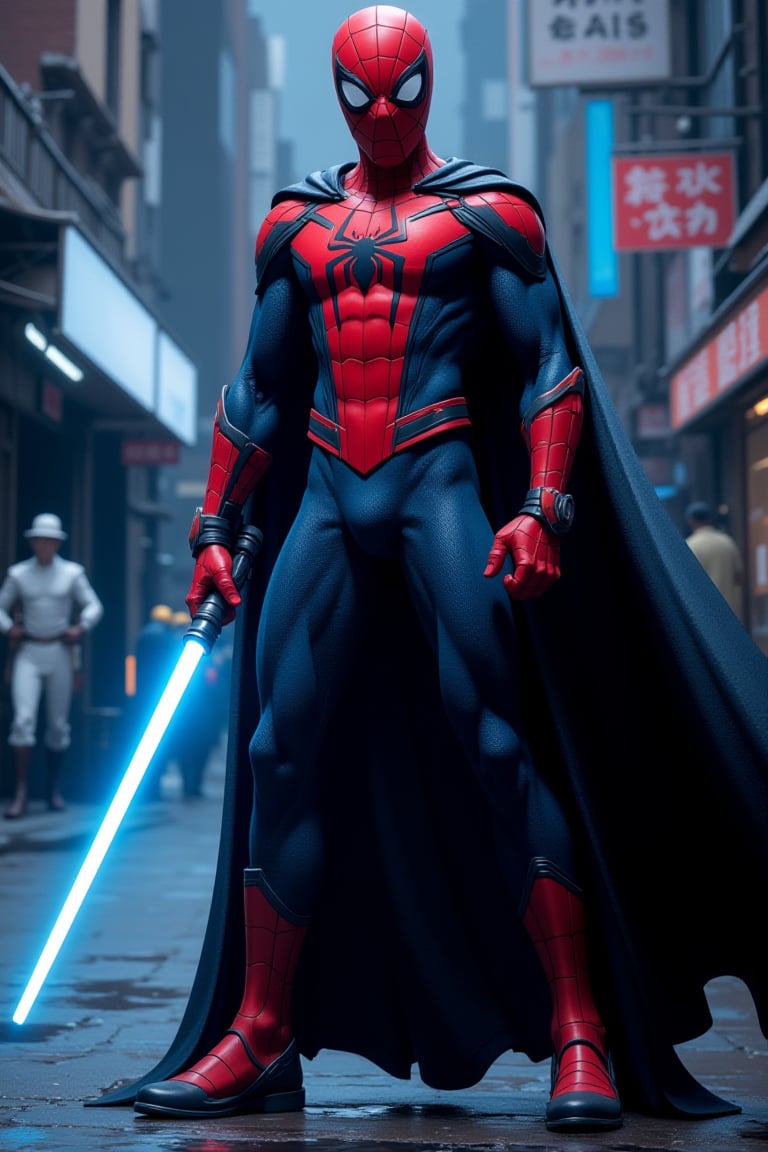 spiderman standing in a fighting pose holding with both hands a blue light saber and wearing a jedi cape, astroflux_v101