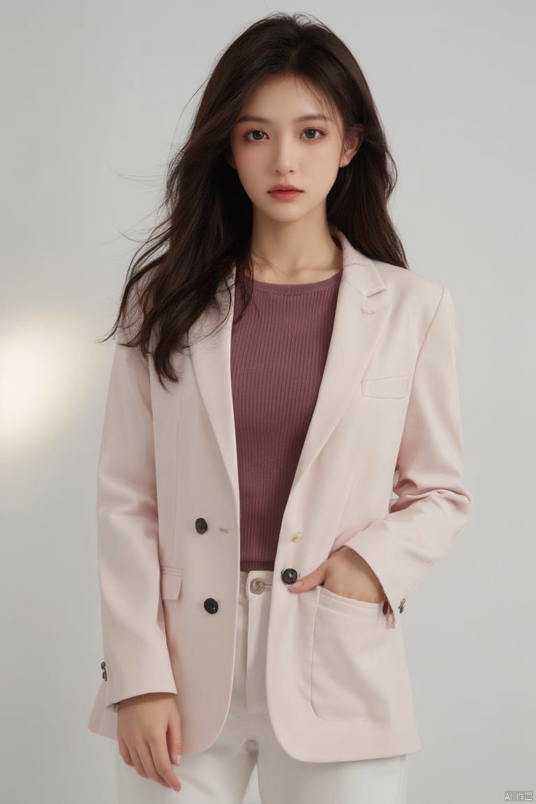 TianHaiPortrait
a woman with long dark brown hair stands in front of a stark white backdrop. She is dressed in a light pink jacket
a maroon t-shirt
and white pants. The jacket is adorned with three black buttons
adding a touch of contrast to her outfit. The woman's gaze is directed towards the left side of the frame
her lips pursed. Her hair is cascading down her shoulders
framing her face.
frontlighting
light on the face