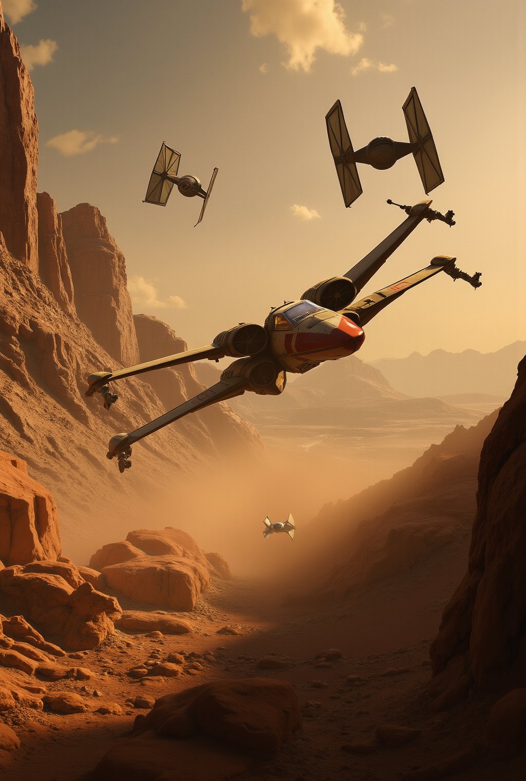 On a desolate alien planet, a sleek X-Wing jetfighter zips through the rugged terrain, chased by two aggressive TIE Fighters. The TIE Fighters fire intense laser beams, narrowly missing the X-Wing as it deftly maneuvers through the harsh environment. Dust and debris are kicked up by the high-speed pursuit, creating a dramatic and tense scene of a high-stakes chase. realistic,detailed,sharp focus,high contrast,cinematic lighting,dark,masterpiece,rule of thirds,,ek_ph0t0_b00ster,ek_an1_b00ster