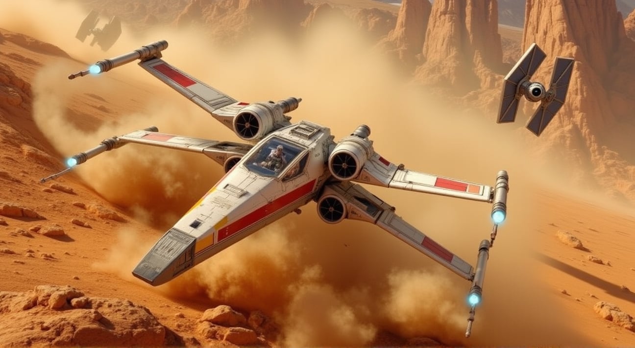 On a desolate alien planet, a sleek X-Wing jetfighter zips through the rugged terrain, chased by two aggressive TIE Fighters. The TIE Fighters fire intense laser beams, narrowly missing the X-Wing as it deftly maneuvers through the harsh environment. Dust and debris are kicked up by the high-speed pursuit, creating a dramatic and tense scene of a high-stakes chase. ek_ph0t0_b00ster,ek_an1_b00ster