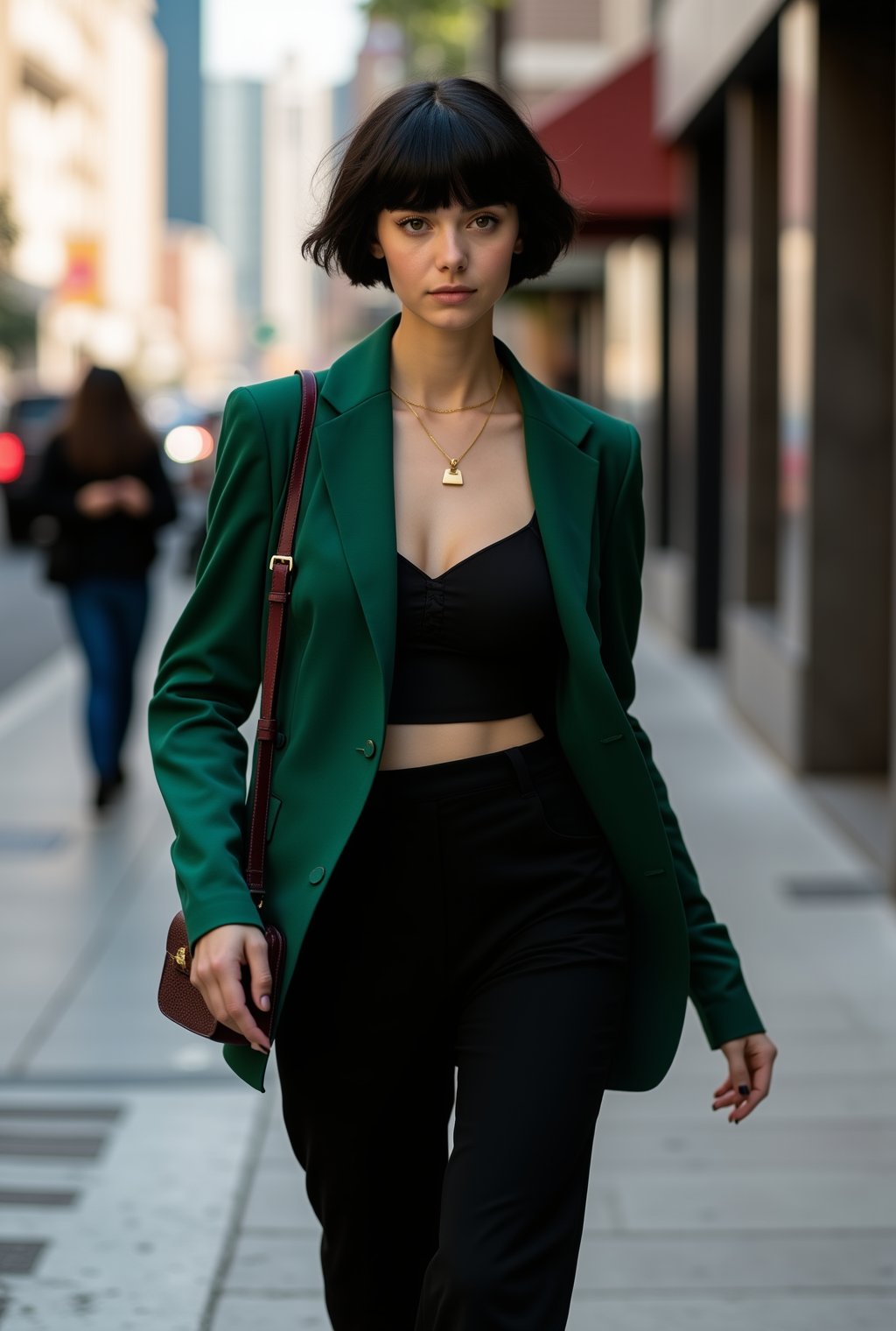 A stunning 20-year-old woman with a modern, sophisticated style, confidently walking through a trendy urban district. Her jet-black hair is cut into a sleek, chin-length bob that frames her face perfectly, highlighting her sharp, elegant features and almond-shaped hazel eyes.

She wears a tailored, emerald green blazer over a simple, black silk camisole, paired with high-waisted, black trousers that elongate her legs. On her feet are stylish, pointed-toe ankle boots in a soft suede. A delicate, gold chain rests at her collarbone, catching the sunlight, while a small, designer crossbody bag in deep burgundy adds a pop of color. Her expression is calm yet purposeful, exuding an aura of confidence and sophistication as she navigates the lively streets with effortless grace.ek_ph0t0_b00ster,ct-identity