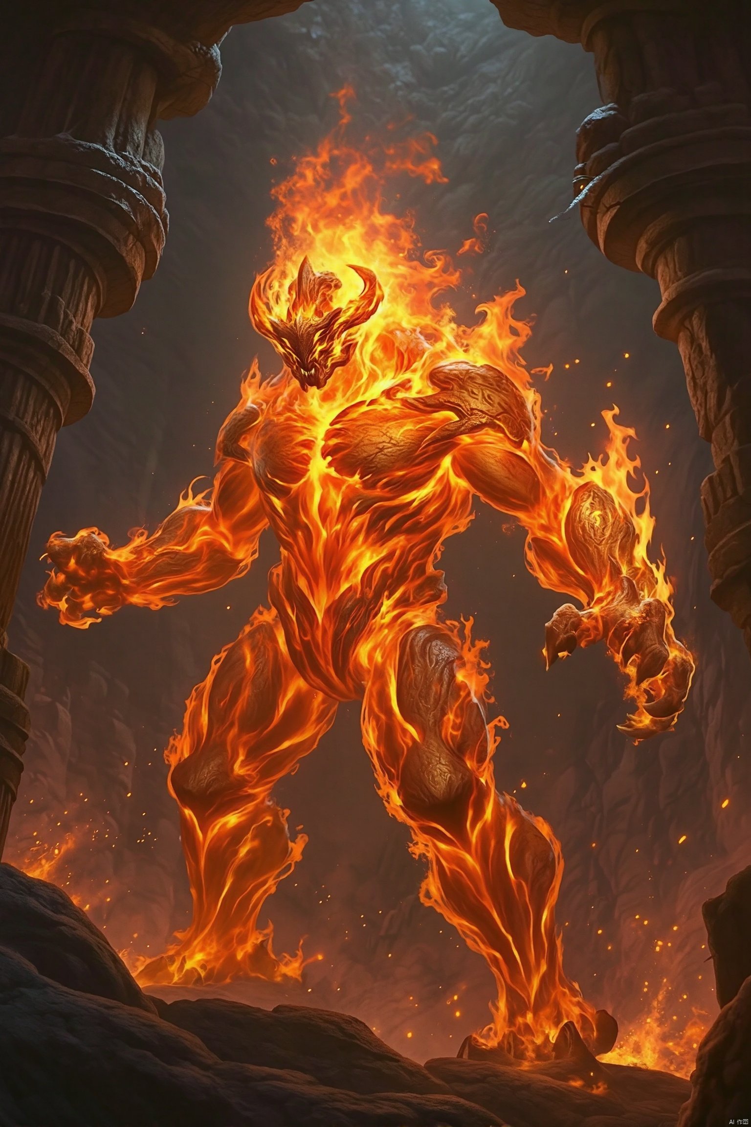 A dynamic, full-body shot of a humanoid flame monster, its form a mesmerizing dance of fiery tendrils and glowing embers. The monster stands in a powerful pose, with arms outstretched and legs firmly planted, as if summoning its fiery might. The background is a dark, cavernous environment, with the monster's fiery presence casting a dramatic, flickering light. The composition captures the monster's imposing stature and the intricate details of its flame-like body. The lighting is high contrast, with the bright flames sharply contrasted against the dark surroundings, creating a sense of awe and danger.