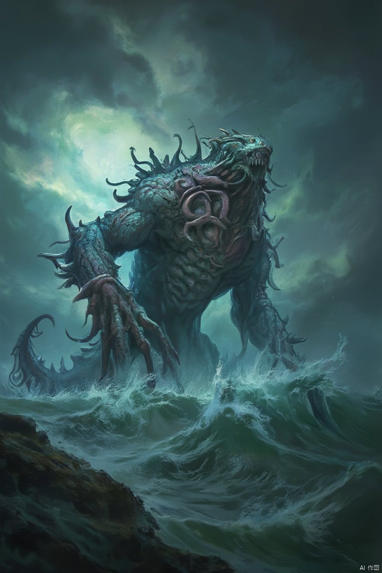 A dramatic, wide-shot of a BOSSGUI-themed sea monster, its colossal form emerging from the turbulent waters. The creature's body is a blend of tentacles, scales, and menacing eyes, with its head towering above the waves. The background is a stormy sea, with crashing waves and dark, swirling clouds adding to the chaotic atmosphere. The composition is centered on the monster, with a dynamic pose that captures its powerful presence and the intricate details of its sea-dwelling form. The lighting is intense, with the stormy sky casting a dramatic, contrasting light that highlights the monster's features and the tumultuous waters, creating a sense of danger and awe.