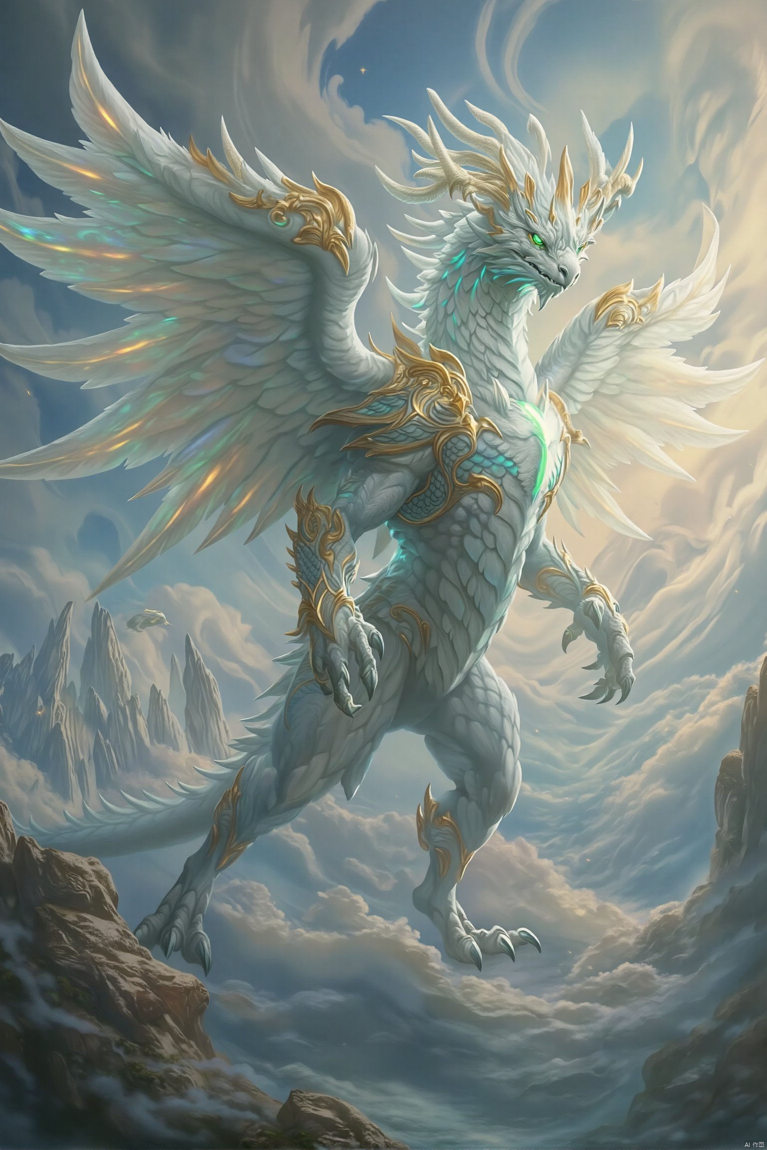 A majestic, full-body shot of a BOSSGUI-themed divine beast, its form a blend of mythical elements and regal features. The creature stands proudly, with wings spread and head held high, exuding an aura of power and grace. The background is a celestial landscape, with floating islands and a sky filled with swirling, iridescent clouds. The composition is centered on the beast, with a dynamic pose that captures its divine presence and the intricate details of its scales and feathers. The lighting is ethereal, with a soft, golden glow that highlights the beast's majestic form and the mystical atmosphere of the scene, creating a sense of awe and reverence.