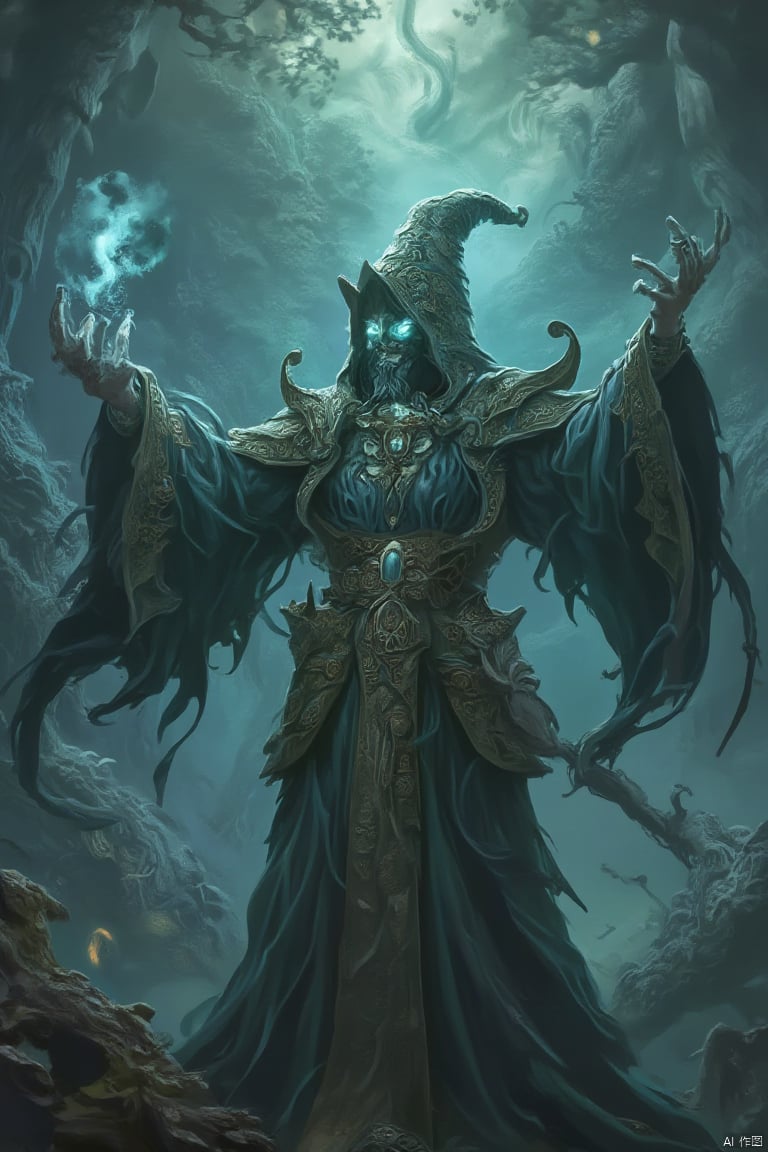 A captivating, close-up shot of a BOSSGUI-themed wizard, their form cloaked in billowing robes and adorned with mystical symbols. The wizard stands with arms raised, as if casting a powerful spell, with eyes glowing with arcane energy. The background is a mystical forest, with ancient trees and a sky filled with swirling, magical mists. The composition is centered on the wizard, with a dynamic pose that captures their enigmatic presence and the intricate details of their robes and staff. The lighting is ethereal, with the magical atmosphere casting a soft, otherworldly glow that highlights the wizard's features and the mystical environment, creating a sense of wonder and anticipation for the spell to come.