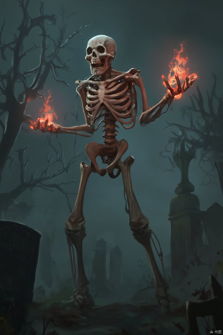 A haunting image of a skeletal monster, its bony form adorned with eerie, floating ghost fires. The creature stands in a menacing pose, with hollow eye sockets glowing faintly and its skeletal fingers reaching out as if to grasp. The background is a dark, misty graveyard, with tombstones and skeletal trees adding to the spooky atmosphere. The composition is centered on the monster, with a medium shot that captures its ghostly fires and the intricate details of its skeletal structure. The lighting is eerie, with the ghost fires casting a soft, otherworldly glow that contrasts with the dark surroundings, creating a sense of dread and mystery.