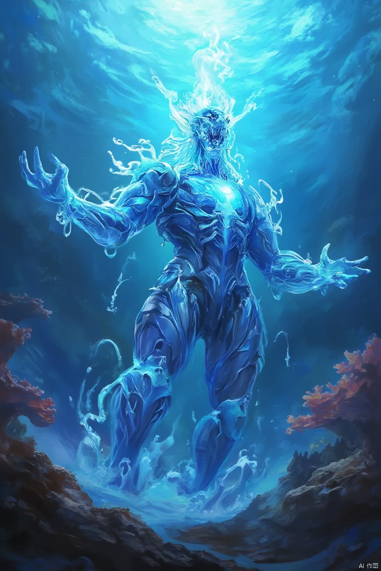 A majestic, full-body shot of a BOSSGUI-themed water elemental monster, its form encased in a suit of shimmering, aquatic armor. The creature stands with its head raised and arms outstretched, as if summoning the power of the ocean. The background is a mystical underwater cavern, with glowing coral and a sky filled with swirling, iridescent water. The composition is centered on the monster, with a dynamic pose that captures its divine presence and the intricate details of its water-infused armor and tendrils. The lighting is ethereal, with the underwater environment casting a soft, blue glow that highlights the monster's features and the mystical atmosphere of the scene, creating a sense of awe and reverence for the elemental power.