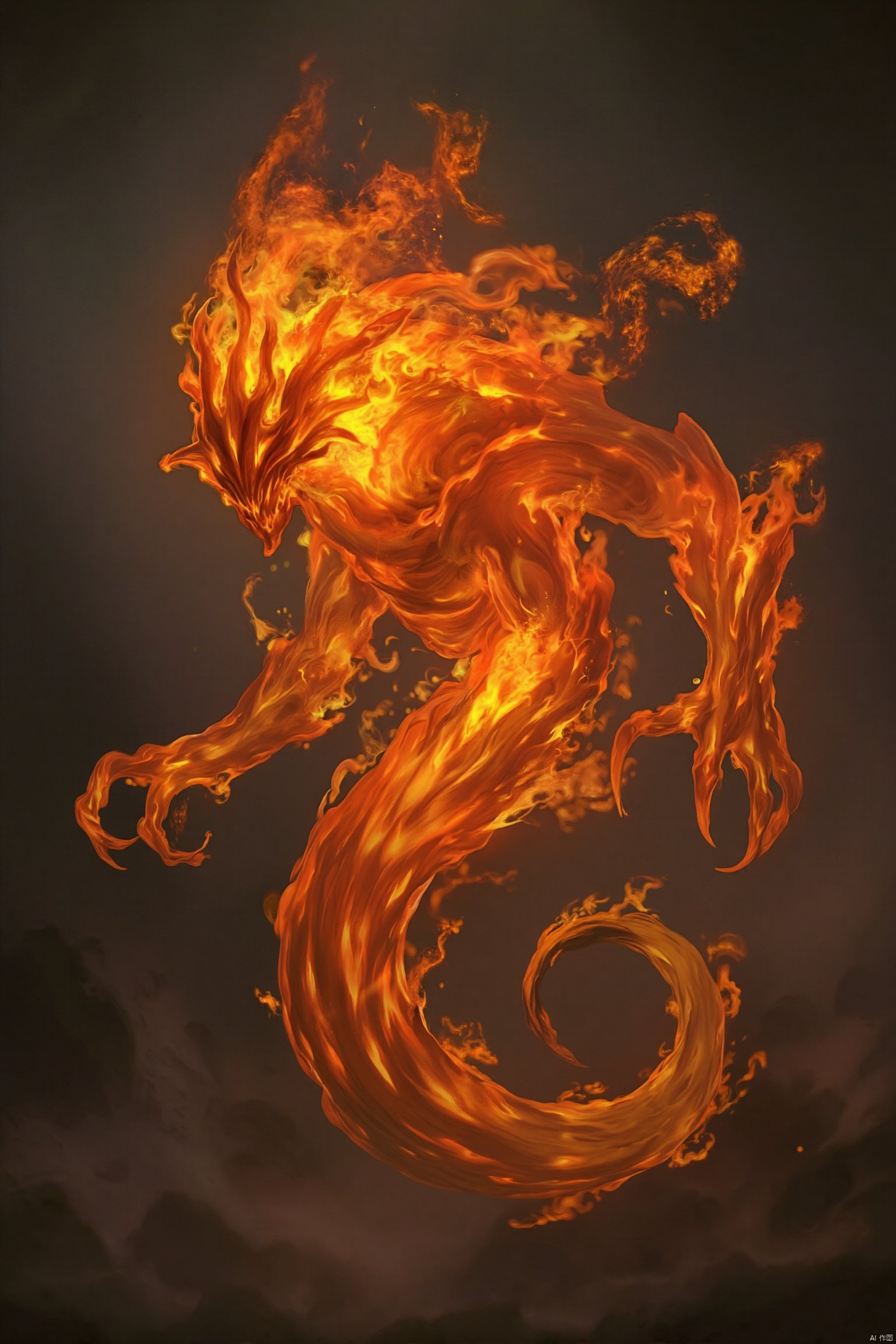 A surreal, abstract depiction of a non-humanoid flame monster, its form a chaotic blend of fiery tendrils and glowing embers. The creature takes on an amorphous shape, with no distinct limbs or features, as it writhes and pulses with fiery energy. The background is a dark, ethereal void, with the monster's fiery presence casting a dynamic, flickering light. The composition focuses on the creature's central mass, capturing the fluid movement and fiery essence of its form. The lighting is high contrast, with the bright flames sharply contrasted against the dark void, emphasizing the monster's fiery nature and its otherworldly presence.