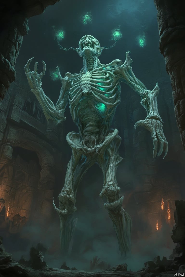 A dramatic, cinematic shot of a BOSSGUI-themed skeletal monster, its massive, bony form adorned with eerie, floating ghost fires. The creature towers over the scene, with its skeletal arms raised and head tilted back in a silent roar, as if summoning dark powers. The background is a dark, foreboding castle interior, with ancient stone walls and flickering torches adding to the ominous atmosphere. The composition is centered on the monster, with a wide shot that captures its imposing stature and the ghostly fires that dance around its form. The lighting is dramatic, with the ghost fires casting a soft, otherworldly glow that contrasts with the dark surroundings, creating a sense of dread and anticipation for the epic battle to come.