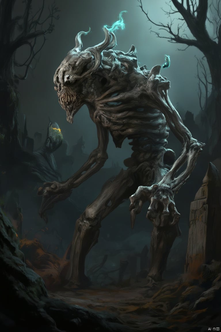 A haunting image of a skeletal monster, its bony form adorned with eerie, floating ghost fires. The creature stands in a menacing pose, with hollow eye sockets glowing faintly and its skeletal fingers reaching out as if to grasp. The background is a dark, misty graveyard, with tombstones and skeletal trees adding to the spooky atmosphere. The composition is centered on the monster, with a medium shot that captures its ghostly fires and the intricate details of its skeletal structure. The lighting is eerie, with the ghost fires casting a soft, otherworldly glow that contrasts with the dark surroundings, creating a sense of dread and mystery.