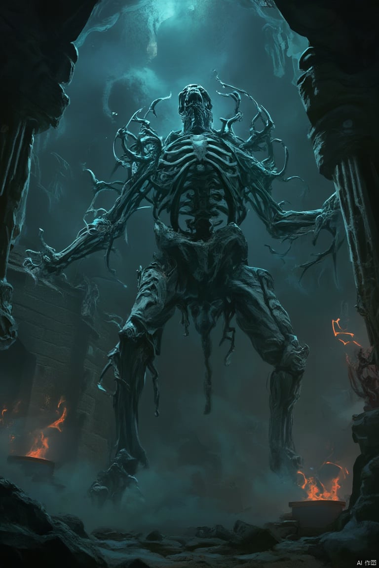 A dramatic, cinematic shot of a BOSSGUI-themed skeletal monster, its massive, bony form adorned with eerie, floating ghost fires. The creature towers over the scene, with its skeletal arms raised and head tilted back in a silent roar, as if summoning dark powers. The background is a dark, foreboding castle interior, with ancient stone walls and flickering torches adding to the ominous atmosphere. The composition is centered on the monster, with a wide shot that captures its imposing stature and the ghostly fires that dance around its form. The lighting is dramatic, with the ghost fires casting a soft, otherworldly glow that contrasts with the dark surroundings, creating a sense of dread and anticipation for the epic battle to come.