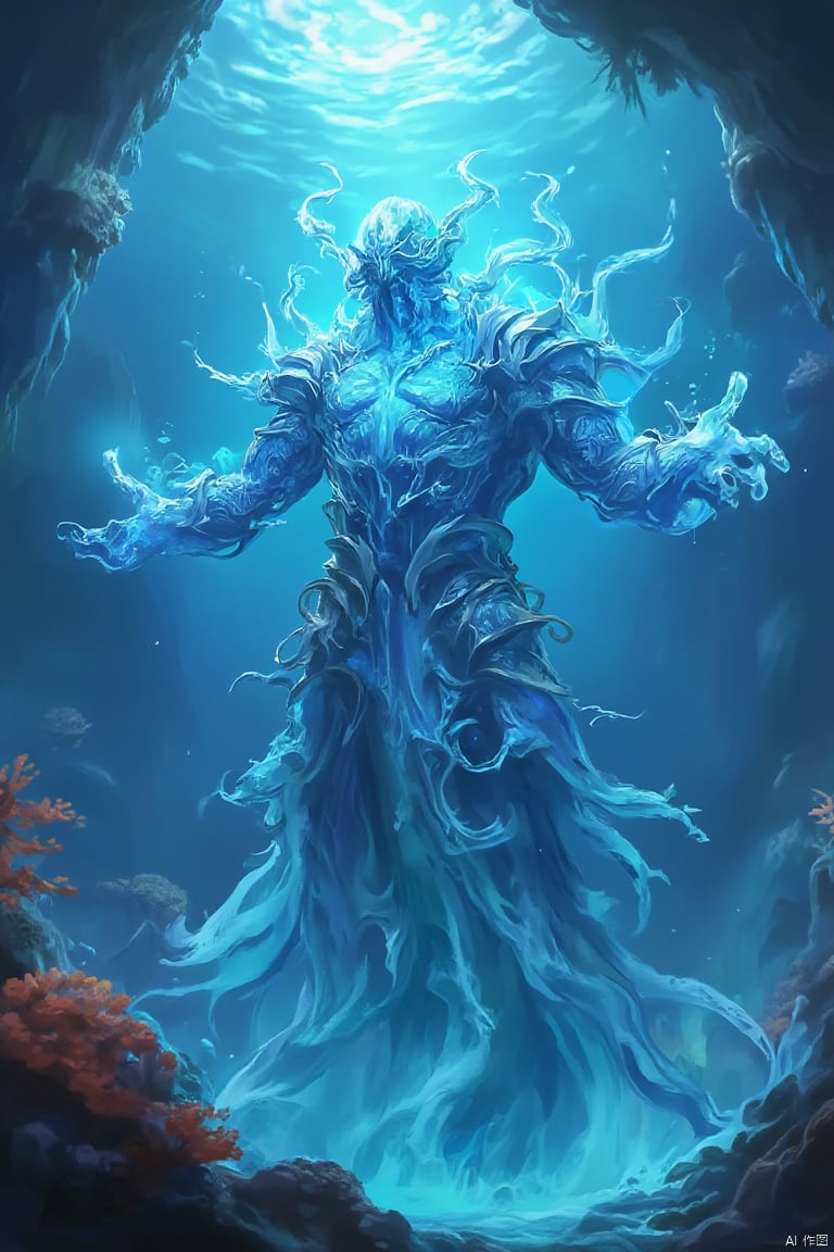 A majestic, full-body shot of a BOSSGUI-themed water elemental monster, its form encased in a suit of shimmering, aquatic armor. The creature stands with its head raised and arms outstretched, as if summoning the power of the ocean. The background is a mystical underwater cavern, with glowing coral and a sky filled with swirling, iridescent water. The composition is centered on the monster, with a dynamic pose that captures its divine presence and the intricate details of its water-infused armor and tendrils. The lighting is ethereal, with the underwater environment casting a soft, blue glow that highlights the monster's features and the mystical atmosphere of the scene, creating a sense of awe and reverence for the elemental power.