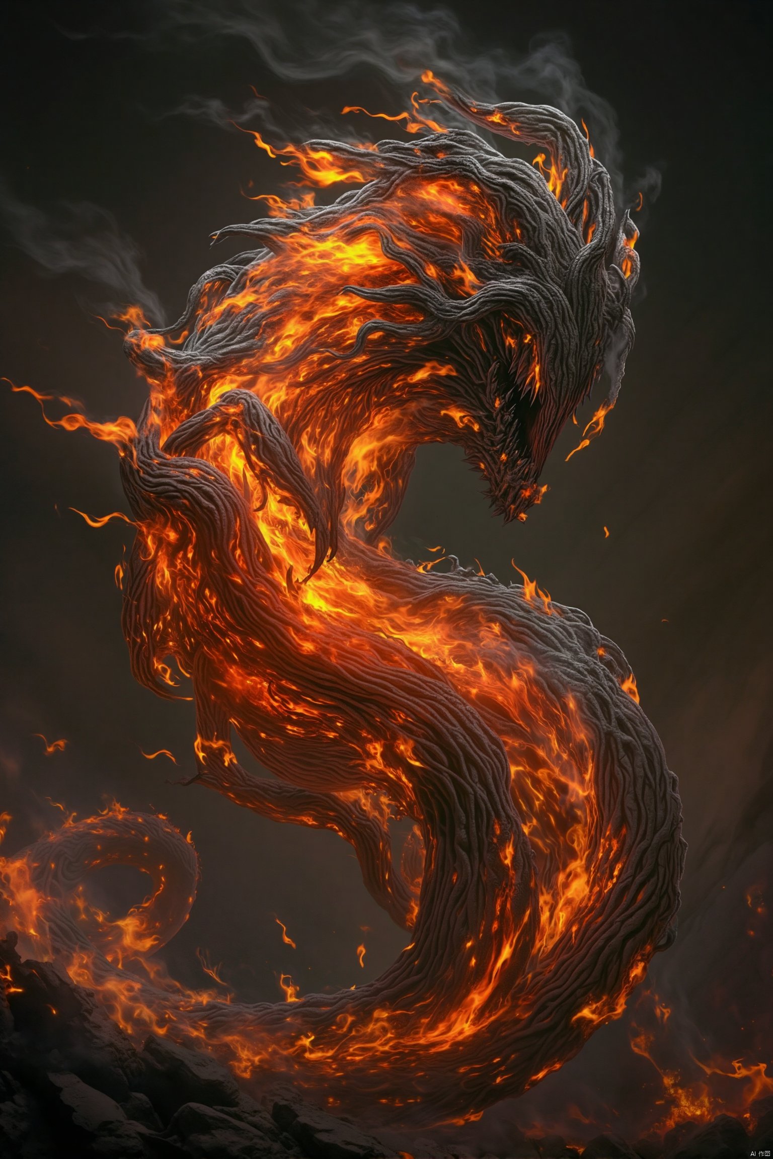 A surreal, abstract depiction of a non-humanoid flame monster, its form a chaotic blend of fiery tendrils and glowing embers. The creature takes on an amorphous shape, with no distinct limbs or features, as it writhes and pulses with fiery energy. The background is a dark, ethereal void, with the monster's fiery presence casting a dynamic, flickering light. The composition focuses on the creature's central mass, capturing the fluid movement and fiery essence of its form. The lighting is high contrast, with the bright flames sharply contrasted against the dark void, emphasizing the monster's fiery nature and its otherworldly presence.