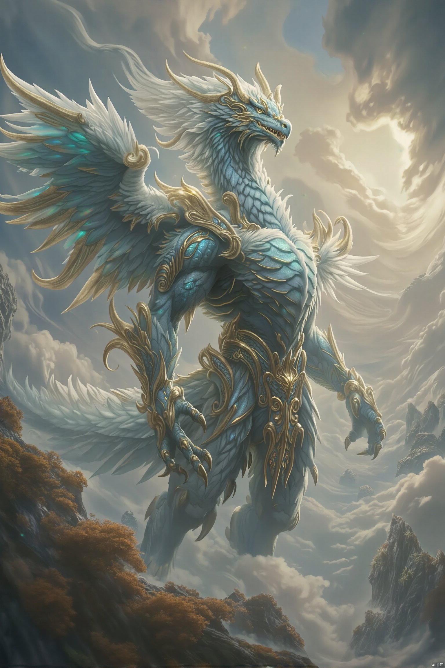 A majestic, full-body shot of a BOSSGUI-themed divine beast, its form a blend of mythical elements and regal features. The creature stands proudly, with wings spread and head held high, exuding an aura of power and grace. The background is a celestial landscape, with floating islands and a sky filled with swirling, iridescent clouds. The composition is centered on the beast, with a dynamic pose that captures its divine presence and the intricate details of its scales and feathers. The lighting is ethereal, with a soft, golden glow that highlights the beast's majestic form and the mystical atmosphere of the scene, creating a sense of awe and reverence.