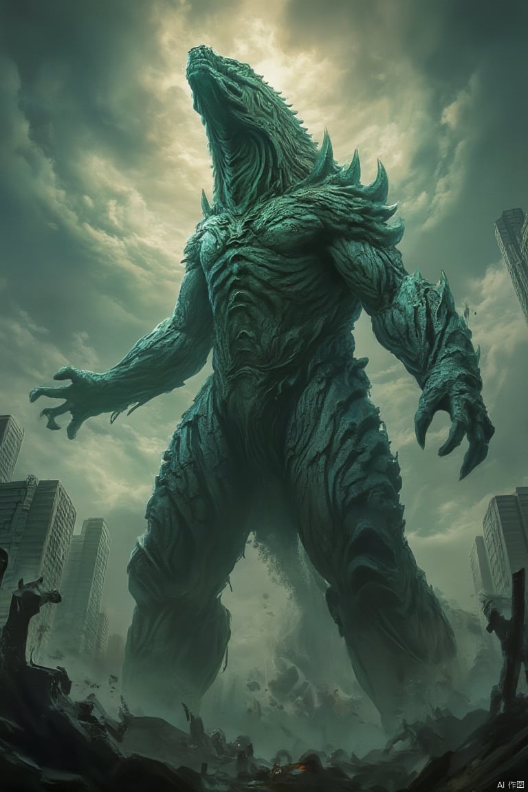 A colossal, wide-shot of a BOSSGUI-themed mega monster, its form towering over the landscape with an air of overwhelming power. The creature stands with its head raised and arms outstretched, as if roaring to the sky. The background is a devastated cityscape, with crumbling buildings and a sky filled with dark, swirling clouds. The composition is centered on the monster, with a dynamic pose that captures its immense size and the intricate details of its scales and limbs. The lighting is dramatic, with the cityscape casting a contrasting light that highlights the monster's features and the chaotic atmosphere of the scene, creating a sense of awe and impending doom.