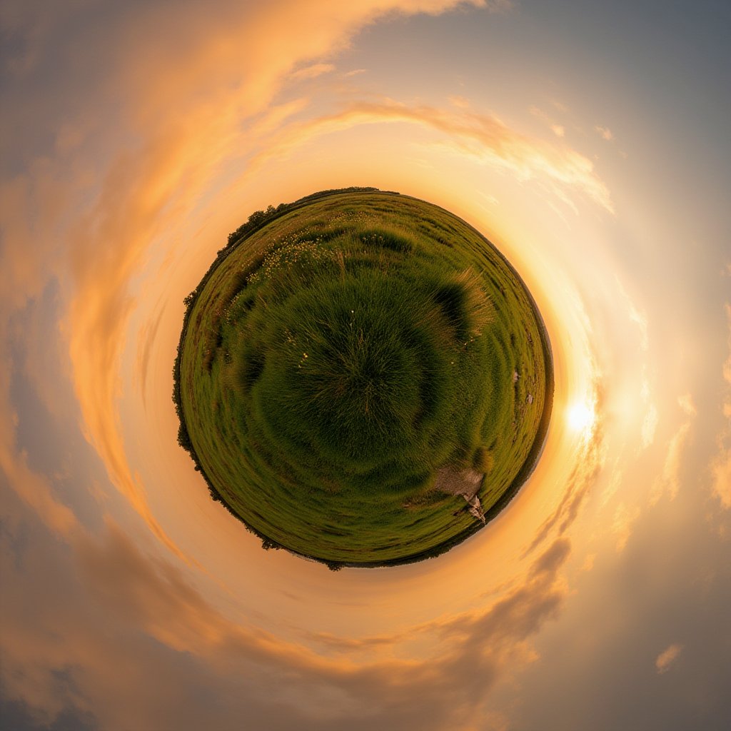 A serene landscape at sunset: a vast expanse of rolling hills stretches out to the horizon, with wispy clouds painted in hues of peach and gold. The sky is ablaze with warm tones, casting a gentle glow on the lush green grass and scattered wildflowers. In the style of TinyPlanet