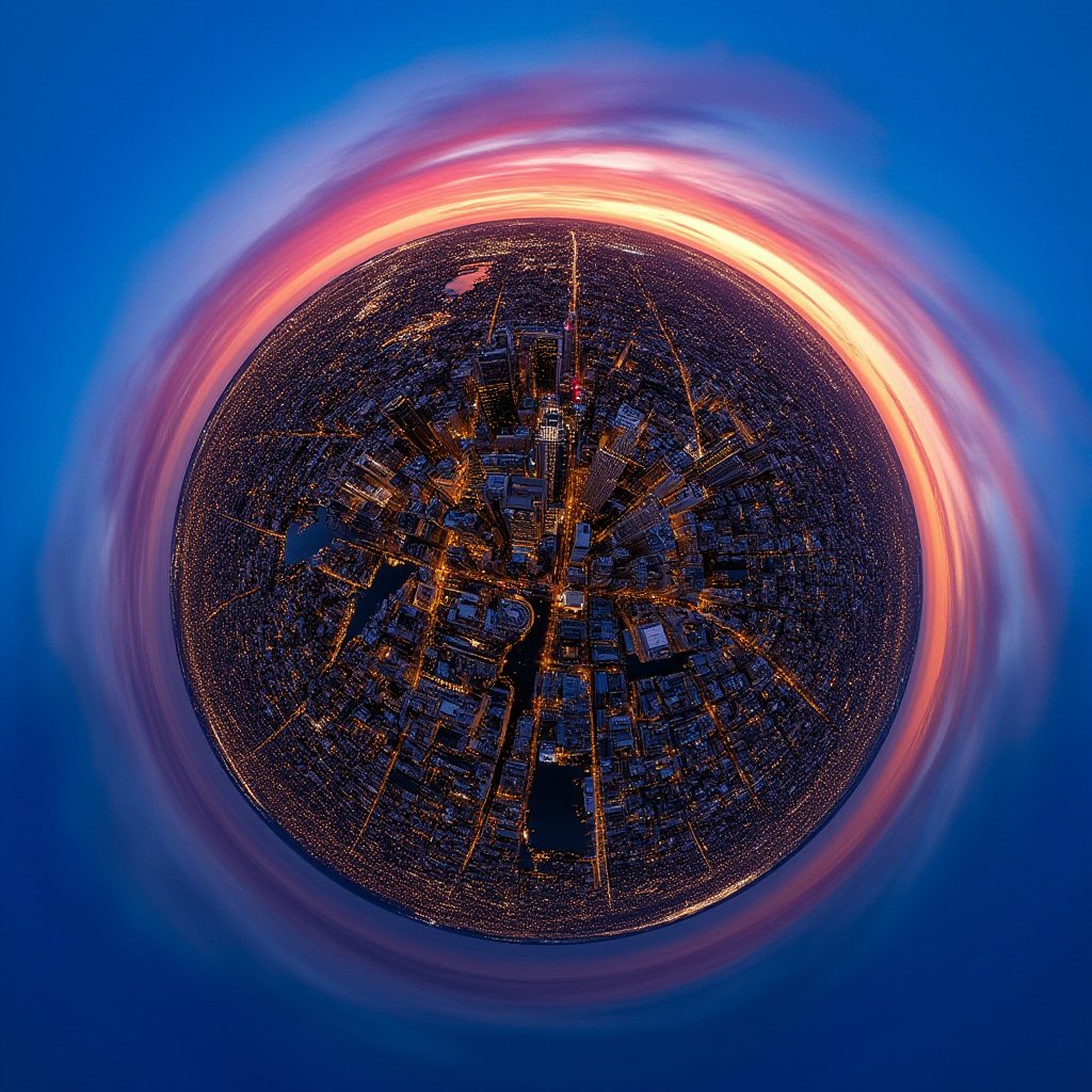 A sprawling metropolis at dusk, with a vibrant cityscape stretching out before us. The warm glow of streetlights and neon signs illuminates towering skyscrapers, while the deep blue sky above is set ablaze by hues of orange and pink, as the sun dips below the horizon. TinyPlanet