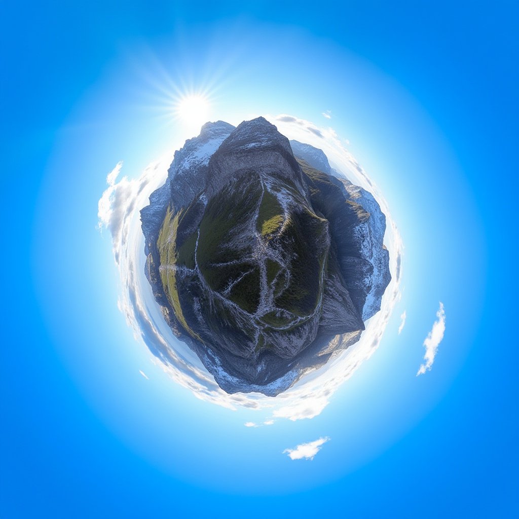 A serene landscape depicts a majestic mountain range against a brilliant blue sky with wispy clouds scattered across it. The mountains' rugged peaks and valleys stand out against the vast expanse of cerulean above, with sunlight casting a warm glow on the snow-capped summits. TinyPlanet