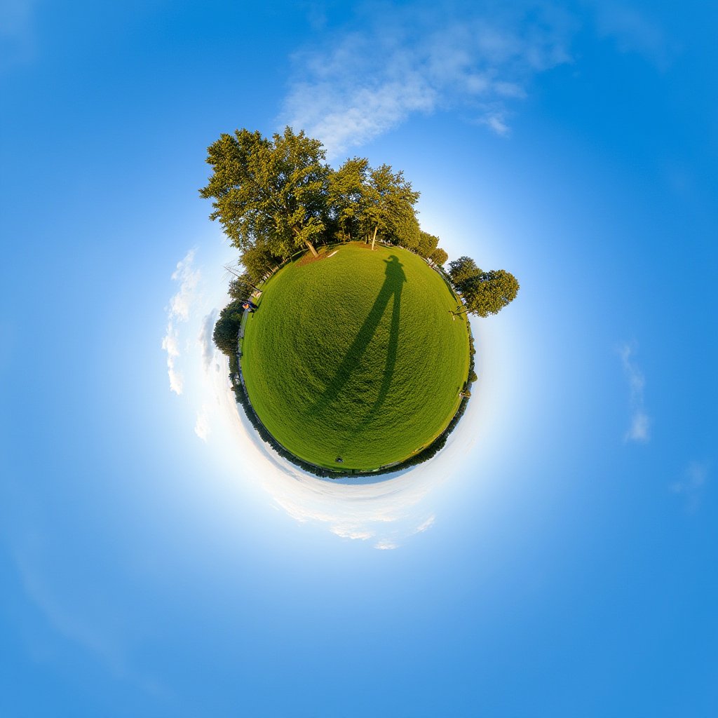 A serene park scene at dawn: a lush green lawn stretches towards a vast blue sky, with wispy clouds drifting lazily across. A few trees stand tall, their leafy branches illuminated by the warm morning light. The camera captures a panoramic view of the tranquil setting, inviting the viewer to step into the peaceful atmosphere. TinyPlanet