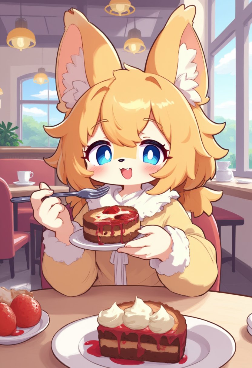 A anime furry girl eating her cake with a fork while sitting on a chair with a beautiful cafe in the background, 